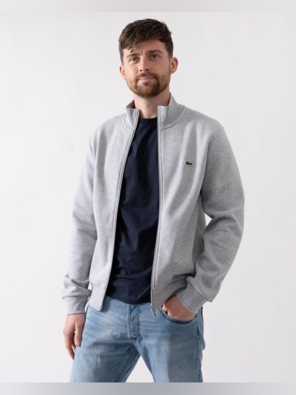 Lacoste Zip-Up Fleece Sweatshirt Silver Chine Gray Size 5 Large